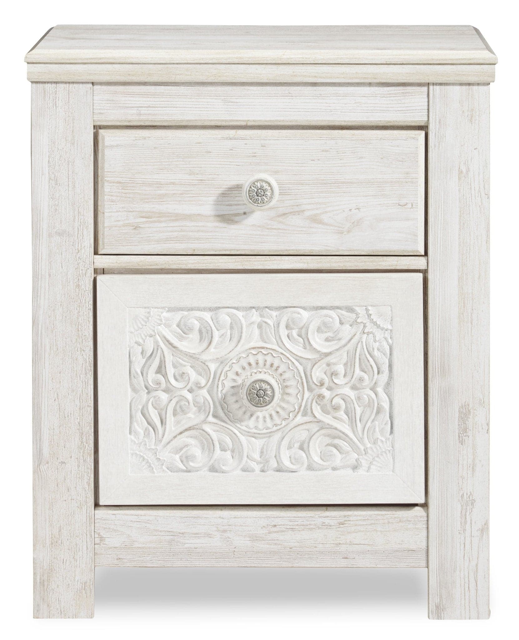 Carved Medallion Patterned Nightstand in Whitewash - HER Home Design Boutique